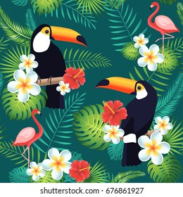 Tropical seamless pattern with toucans, flamingos, exotic leaves and flowers. Vector illustration