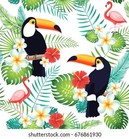 Tropical seamless pattern with toucans, flamingos, exotic leaves and flowers. Vector illustration