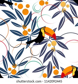 Tropical seamless pattern with toucans and leafs.Colorful summer vector background.Textile texture