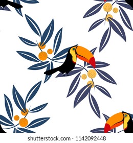 Tropical seamless pattern with toucans and leafs.Colorful summer vector background.Textile texture