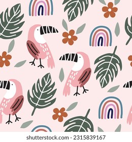 Patrón tropical sin fisuras con los turistas. Hojas de monstera, hojas de bosque, flor, arcoiris, aptas para papel de pared textil e impresión