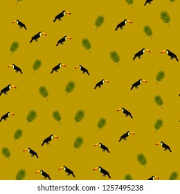 Tropical seamless pattern with toucans and palm leaves. Exotic background with birds.