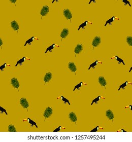 Tropical seamless pattern with toucans and palm leaves. Exotic background with birds.