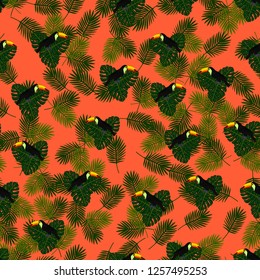 Tropical seamless pattern with toucans and palm leaves. Exotic background with birds.