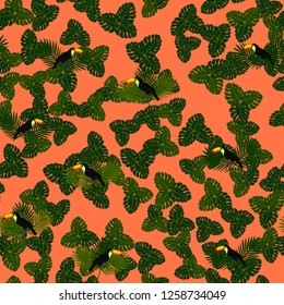 Tropical seamless pattern with toucans and palm leaves. Exotic background with birds.