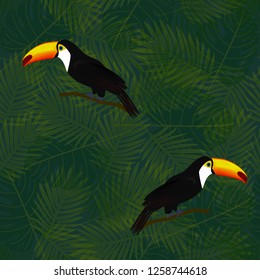 Tropical seamless pattern with toucans and palm leaves. Exotic background with birds.