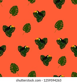 Tropical seamless pattern with toucans and palm leaves. Exotic background with birds.