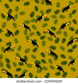Tropical seamless pattern with toucans and palm leaves. Exotic background with birds.
