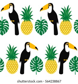 Patrón tropical sin fisuras con tucanes, hojas de palma y piñas. Ilustración de la Jungla de moda. Fondo de moda de verano.  Diseño elegante para tejidos, textiles y decoración. 