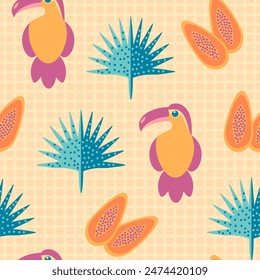 Tropical seamless pattern with toucans, papaya and palm tree leaves on a checkered background