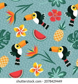 Tropisches, nahtloses Muster mit Toucans, Ananas und schönen Blumen. Vektorgrafik.