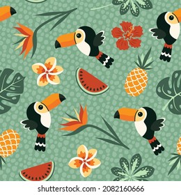 Tropical seamless pattern with toucans, pineapples and beautiful flowers. Vector illustration.