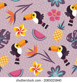 Tropical seamless pattern with toucans, pineapples and beautiful flowers. Vector illustration.