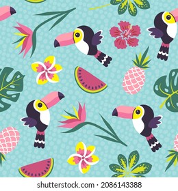 Tropical seamless pattern with toucans, pineapples and beautiful flowers. Vector illustration.