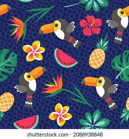 Tropical seamless pattern with toucans, pineapples and beautiful flowers. Vector illustration.