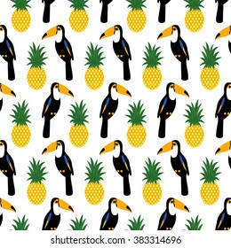 Tropical seamless pattern with toucans and pineapples. Trendy Jungle illustration. Fashion summer background.