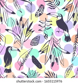 Tropical seamless pattern with toucans. Vector background.