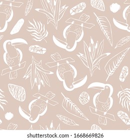 Tropical seamless pattern with toucans. Vector background.