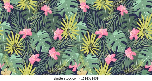 Patrón tropical sin foco con color de moda. Un patrón para papel de pared, impresión y textil. 