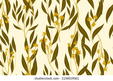 Tropical Seamless Pattern. Vector Eucalyptus Leaves and Beautiful Floral Elements. Botanical Summer Background. Elegant Tropical Seamless Pattern for Wedding Design, Print, Textile, Fabric, Wrapping.