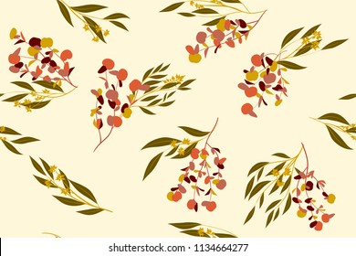 Tropical Seamless Pattern. Vector Eucalyptus Leaves and Beautiful Floral Elements. Botanical Summer Background. Elegant Tropical Seamless Pattern for Wedding Design, Print, Textile, Fabric, Wrapping.