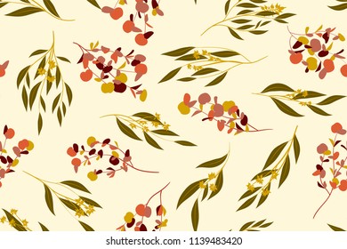 Tropical Seamless Pattern. Vector Eucalyptus Leaves and Beautiful Floral Elements. Botanical Summer Background. Elegant Tropical Seamless Pattern for Wedding Design, Print, Textile, Fabric, Wrapping.