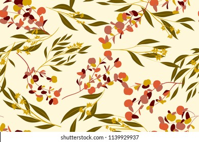 Tropical Seamless Pattern. Vector Eucalyptus Leaves and Beautiful Floral Elements. Botanical Summer Background. Elegant Tropical Seamless Pattern for Wedding Design, Print, Textile, Fabric, Wrapping.