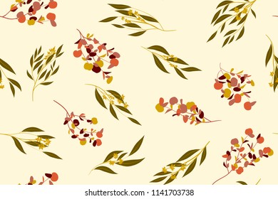 Tropical Seamless Pattern. Vector Eucalyptus Leaves and Beautiful Floral Elements. Botanical Summer Background. Elegant Tropical Seamless Pattern for Wedding Design, Print, Textile, Fabric, Wrapping.