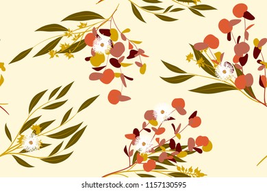 Tropical Seamless Pattern. Vector Eucalyptus Leaves and Beautiful Floral Elements. Botanical Summer Background. Elegant Tropical Seamless Pattern for Wedding Design, Print, Textile, Fabric, Wrapping.