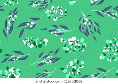 Tropical Seamless Pattern. Vector Eucalyptus Leaves and Beautiful Floral Elements. Botanical Summer Background. Elegant Tropical Seamless Pattern for Wedding Design, Print, Textile, Fabric, Wrapping.