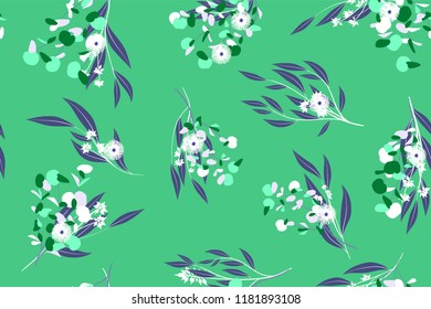 Tropical Seamless Pattern. Vector Eucalyptus Leaves and Beautiful Floral Elements. Botanical Summer Background. Elegant Tropical Seamless Pattern for Wedding Design, Print, Textile, Fabric, Wrapping.