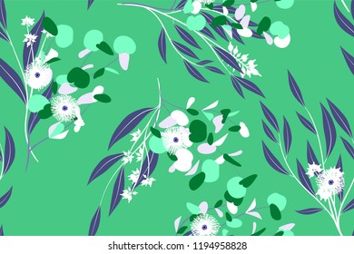 Tropical Seamless Pattern. Vector Eucalyptus Leaves and Beautiful Floral Elements. Botanical Summer Background. Elegant Tropical Seamless Pattern for Wedding Design, Print, Textile, Fabric, Wrapping.