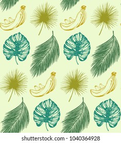 Tropical seamless pattern in vector. Exotic palm leaves and fruits background. Jungle foliage illustration. Hand sketch.