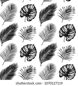 Tropical seamless pattern in vector. Exotic palm leaves and fruits background. Jungle foliage illustration. Hand sketch.