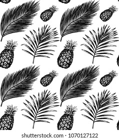 Tropical seamless pattern in vector. Exotic palm leaves and fruits background. Jungle foliage illustration. Hand sketch.
