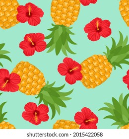 Tropical seamless pattern. Vector illustration of pineapple fruit and red hibiscus flower. Cartoon flat style. Hawaiian background.