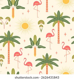 Tropical seamless pattern vector illustration. Modern exotic vacation repeat tile with flamingos, palm trees, sun in symmetrical Art deco style on light background. Cute boho summer vibes design