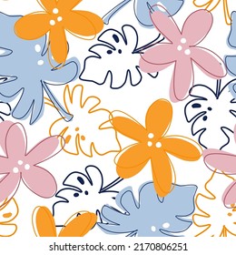 Tropical seamless pattern with vector monstera leaves and flowers on white background in cartoon style for child fabric, textile, nursery, wallpaper