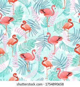 Tropical seamless pattern. Vector paradise with leaves and flamingo dirds