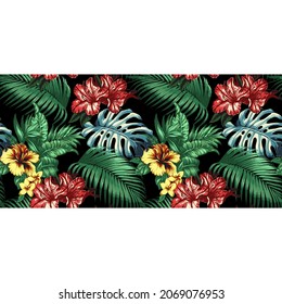 Tropical Seamless pattern in vector, Vintage tropical plumeria stone green leaves floral seamless pattern white background. Exotic wallpaper, Tee-shirt design , 