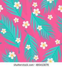 Tropical seamless pattern vector.Palm leaves cartoon style vector illustration.Backdrop with leafs and flowers.