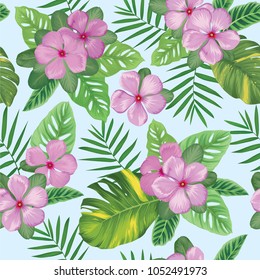 Tropical seamless pattern with vinca flowers and palm leaves background. Vector set of exotic tropical garden for holiday invitations, greeting card and fashion design.