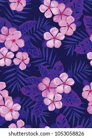 Tropical seamless pattern with vinca flowers and palm leaves background. Vector set of exotic tropical garden for holiday invitations, greeting card and fashion design.