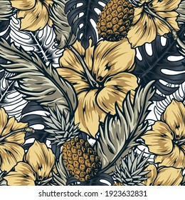 Tropical seamless pattern in vintage style with pineapple fruits exotic flowers and leaves vector illustration