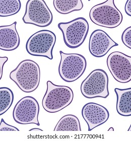Patrón tropical sin soldadura con higos violetas y rodajas de higos. Patrón de higo de frutos dibujados a mano sobre fondo blanco. tela, etiquetas de dibujo, impresión, papel pintado de la habitación de los niños, fondo de fruta