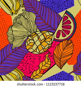 Tropical seamless pattern wallpaper of blue leaves of palm trees, lemons, mangoes and flowers on a dark background.