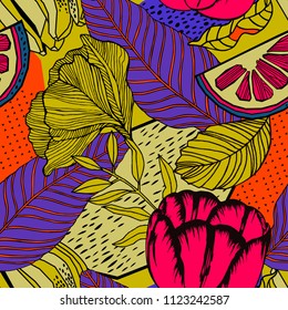 Tropical seamless pattern wallpaper of blue leaves of palm trees, lemons, and flowers.
