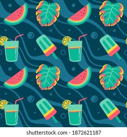 Tropical Seamless Pattern with Watermelon, Monstera Leaf, Cocktail, and Popsicle. You can use this design to create poster, tshirt, pillow, tote bag, pouch, phone case, etc.