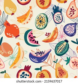 Tropical seamless pattern with watermelon,banana,dragon fruit,papaya,pear,peach and melon.Vector summer background with fruits.Textile texture with fruits.Fruit fabric