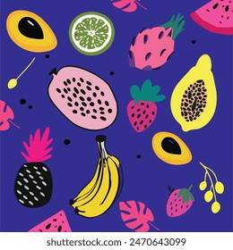 Tropical seamless pattern with watermelon,banana,lemon, dragon fruit, pineapple, papaya and melon.Vector summer background with fruits.Textile texture with fruits.Fruit fabric